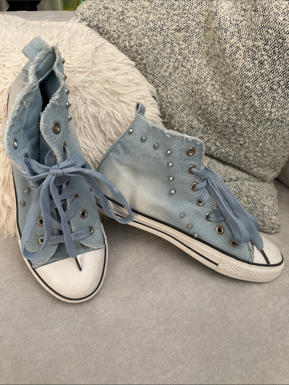 Light Blue High-Top Canvas Sneakers with Stud Accents